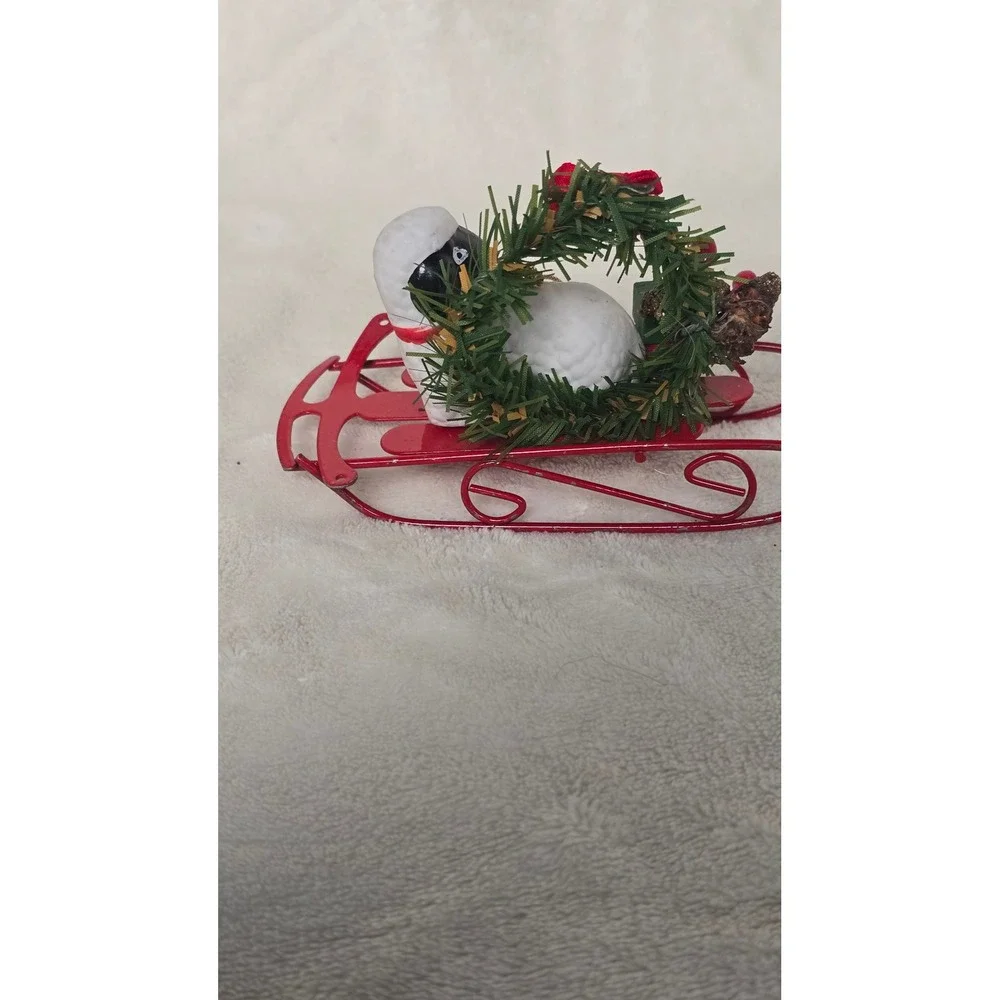 Vintage Style Sheep on Red Metal Sled Christmas Ornament Wreath & Gifts Accent